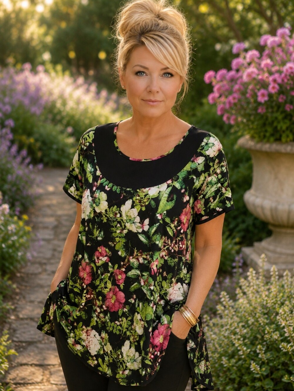Cable & Gauge Black Floral Scoop-Neck Tunic with Green and Pink Blooms